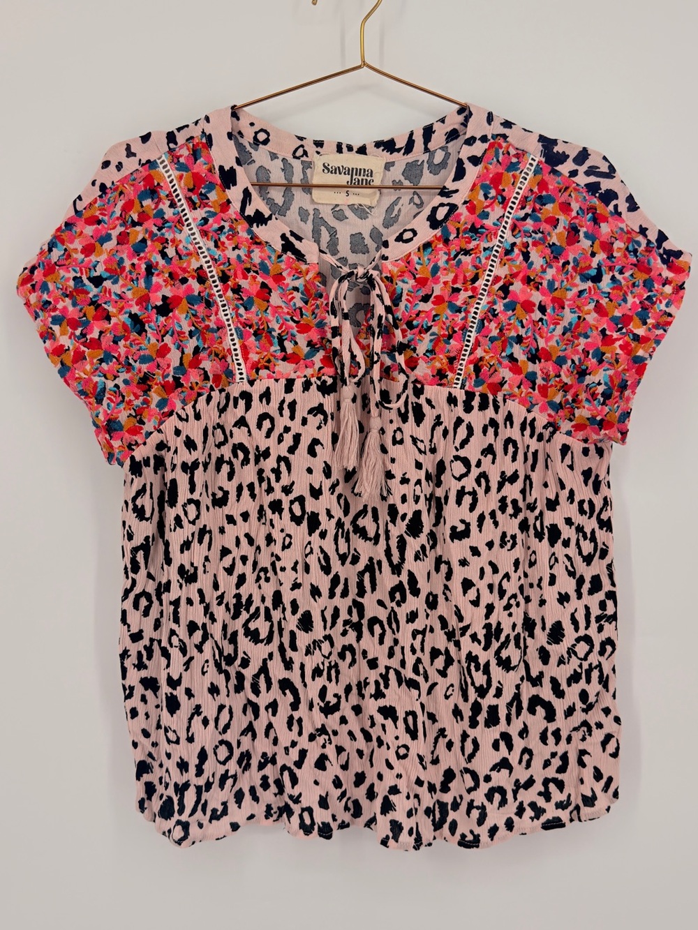 Savanna Jane Leopard Floral Embroidered Boho Blouse Size S